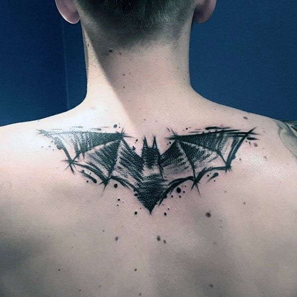 Mens Watercolor Sketched Batman Upper Back Tattoo