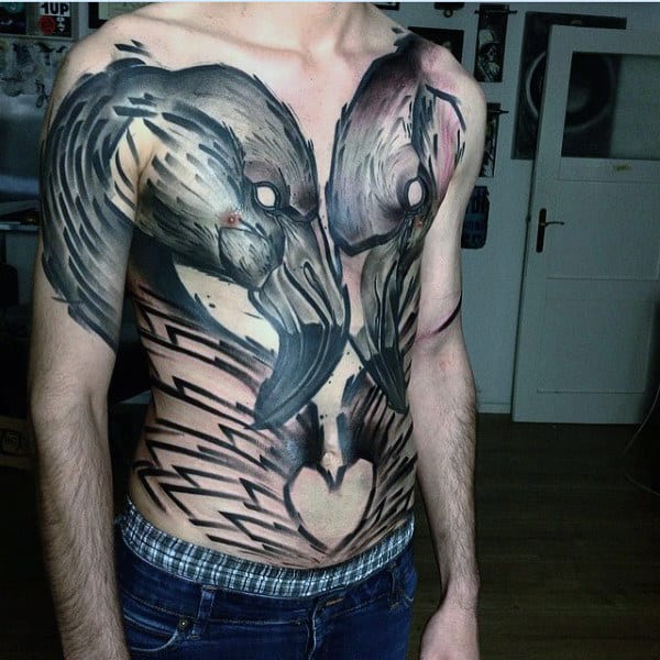 Mens Watercolor Swans With Heart Unique Chest Tattoos