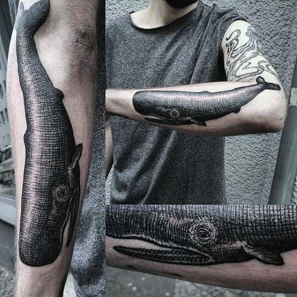 Mens Whale Woodcut Forearm Tattoos