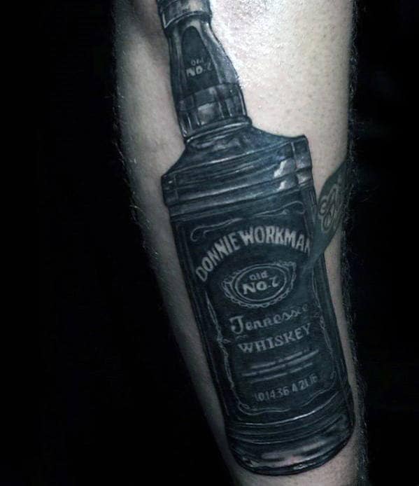 Mens Whiskey Bottle Label Name Tattoo On Forearm