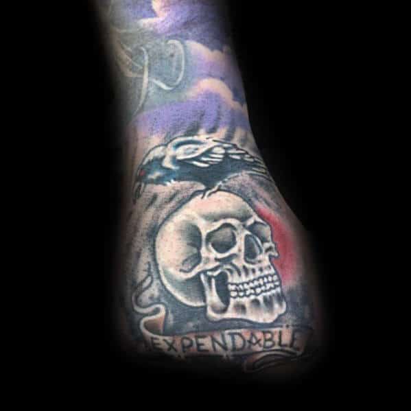 Mens White Ink Skull And Black Crow Expendables Hand Tattoo