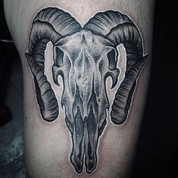 Mens White Ink With Shaded Design Thigh Goat Skull Tattoo