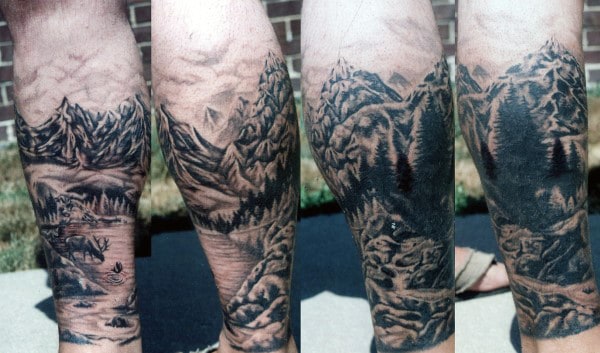 Men's Wilderness Mountain Tattoo Designs On Legs