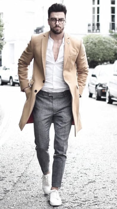 Mens Winter Outfits Styles Tan Coat With White Dress Shirt