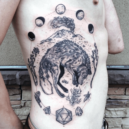 Mens Wolf Rib Cage Side Moon Phases Tattoo