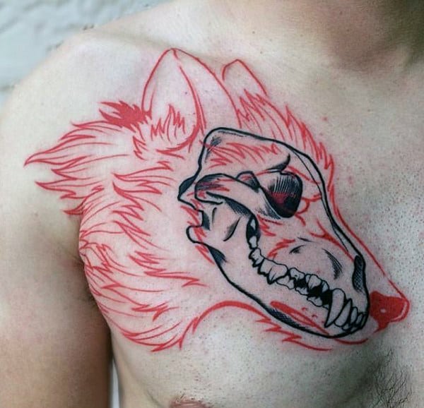 Mens Wolf Skull Black And Red Ink Chest Tattoos