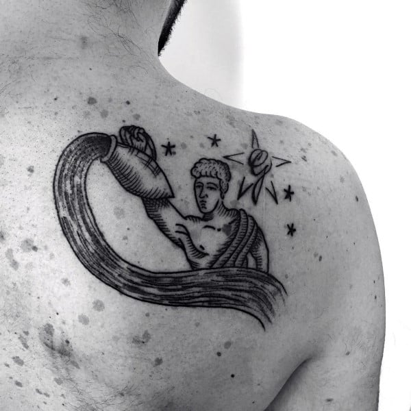 Mens Woodcut Aquarius Tattoo Design On Shoulder