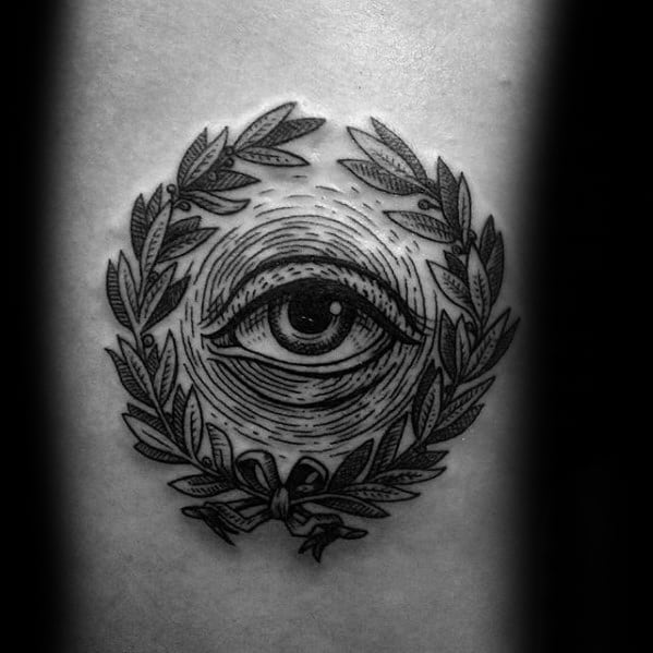 Mens Woodcut Eye Laurel Wreath Tattoo On Back