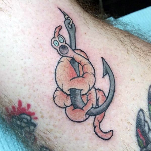 Mens Worm On Fish Hook Tattoo Design