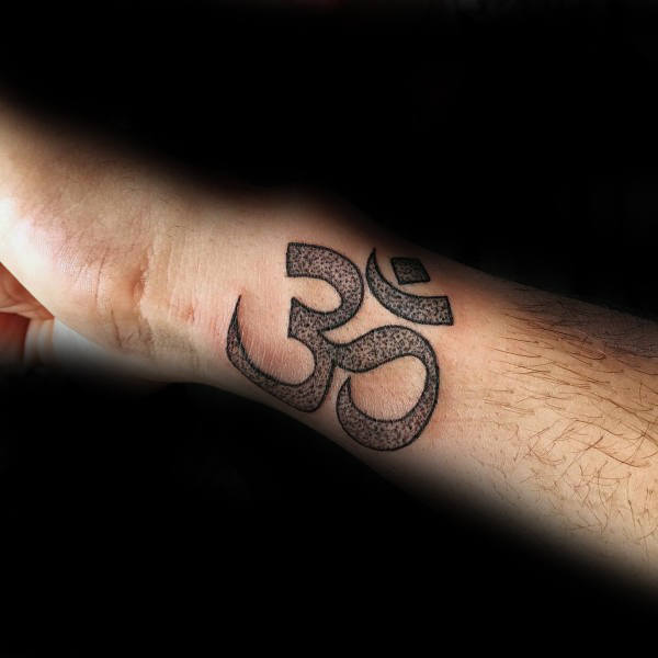 Mens Wrist Om Tattoo With Dotwork Design And Black Ink Outline