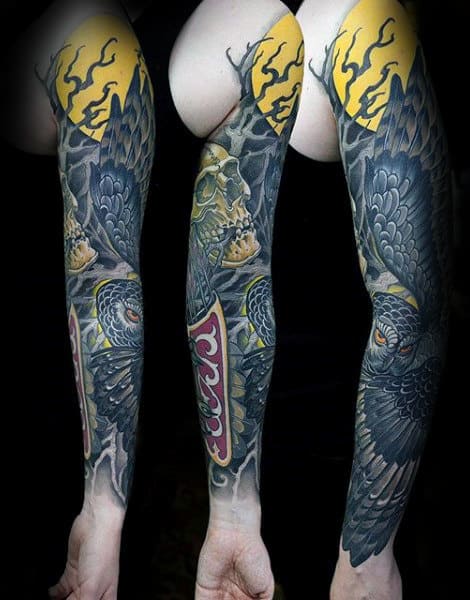 Mens Yellow Moon With Owls Full Arm Tattoo Sleeve