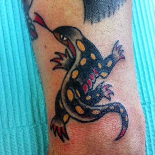 Mens Yellow Spotted Lizard Tattoo On Calves