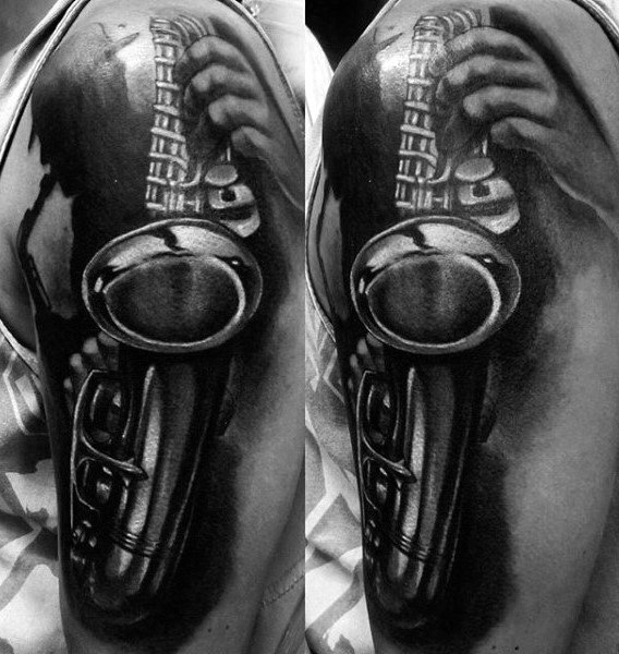 Metallic Guys Saxophone Arm Tattoo With 3d Design