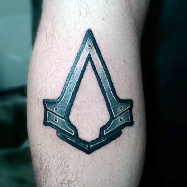 Metallic Steel Assassins Creed Logo Guys Leg Calf Tattoos