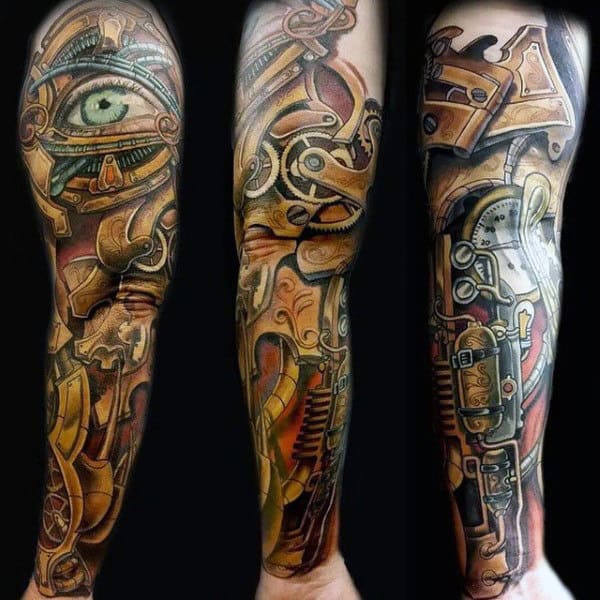 Mettalic Gold And Eye Steampunk Tattoo Guys Full Sleeves