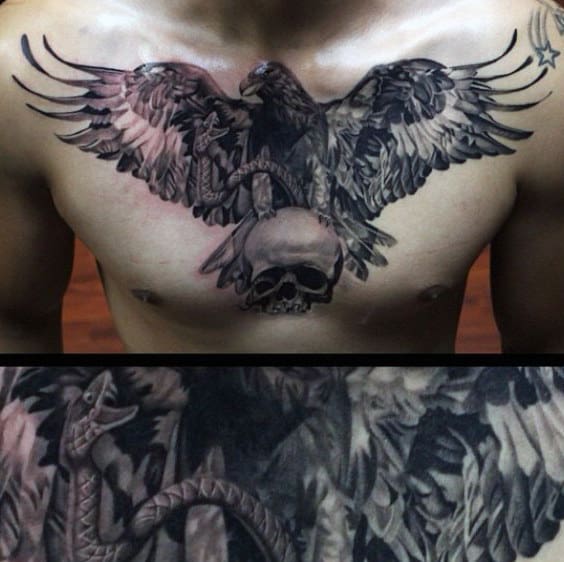 Mexican Eagle With Skull Guys Chest Tattoo