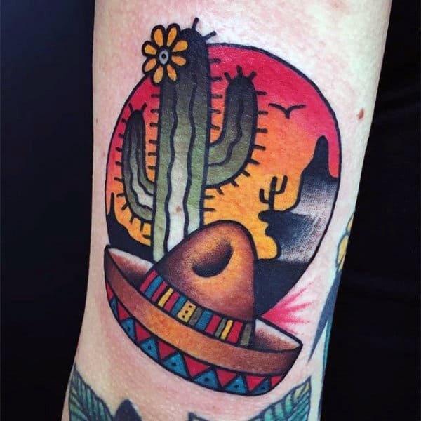 Mexican Sombraro Cactus Tattoo For Men On Arm