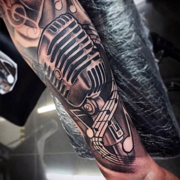 Microphone Musical Tattoo With Retro Shade Guys Forearms