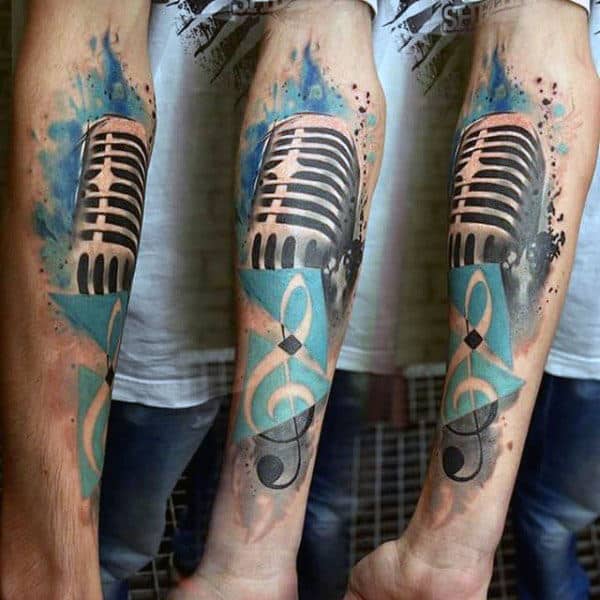 Microphone Tattoo With Azure Blue Splashes Mens Forearms