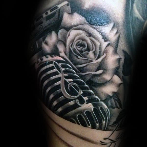Microphone With Realistic Rose Flower Mens Shaded Arm Tattoo