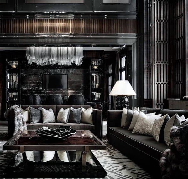 dark elegant living room with chandelier