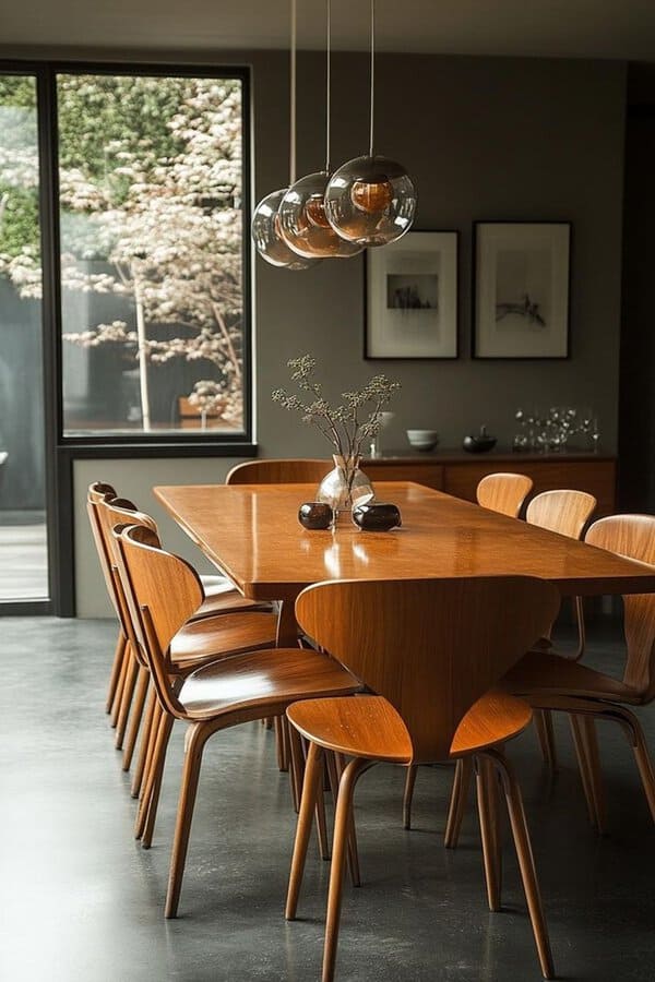 Mid-century modern dining room with a wooden table, sculptural chairs, and globe pendant lights.
