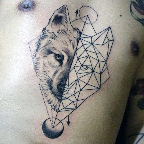 Middle Of Chest Mens Geometric Wolf Half And Half Tattoo Design