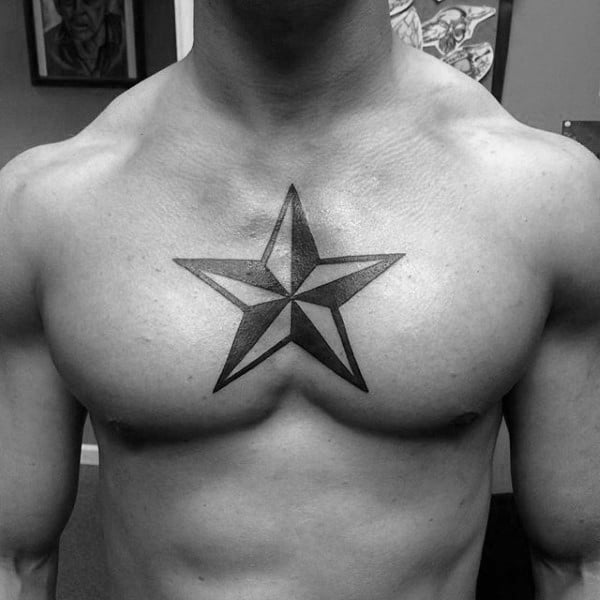 Middle Of Chest Nautical Star Guys Chest Tattoo Designs