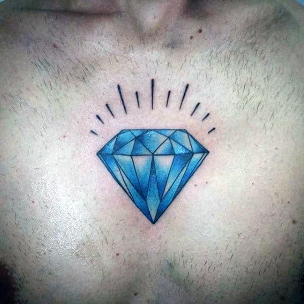 Middle Of Chest Traditional Blue Diamond Tattoos For Men
