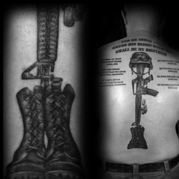 Military Mens Fallen Soldiers Cross Back Tattoo