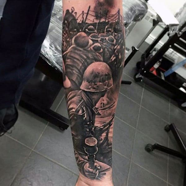 Military Soliders In Battle Inner Forearm Male Tattoos