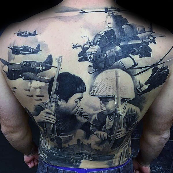 Military War Guys Crazy Full Back Tattoos