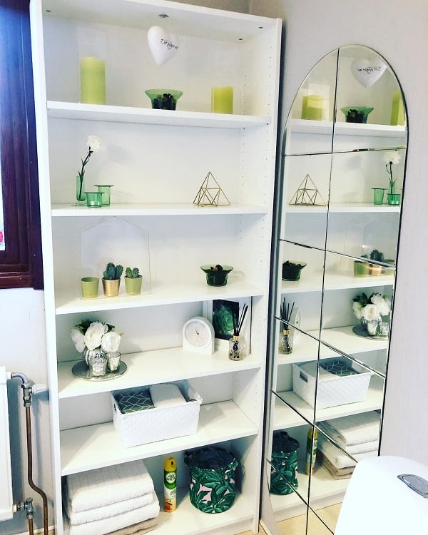 tall white bathroom shelving unit 