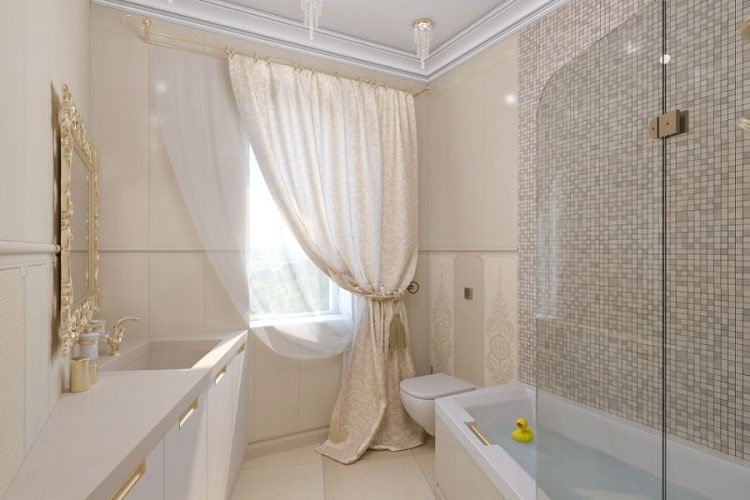 beige bathroom bath gold accents thick curtains 