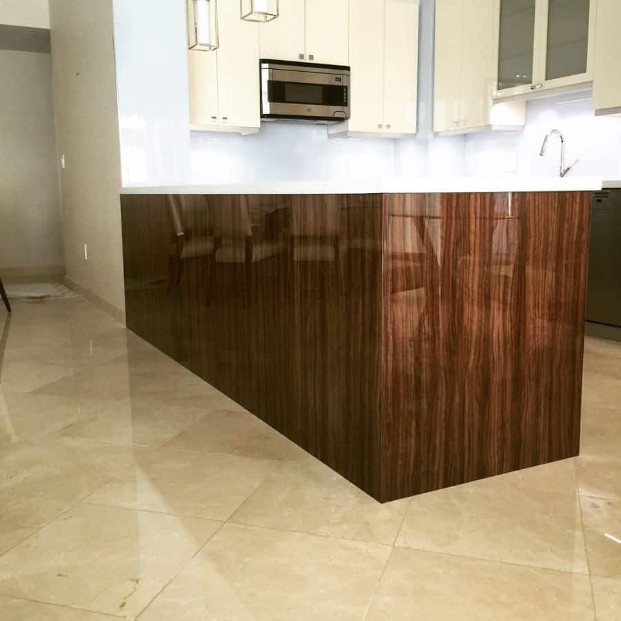 minimalist galley kitchen wood island tile floor