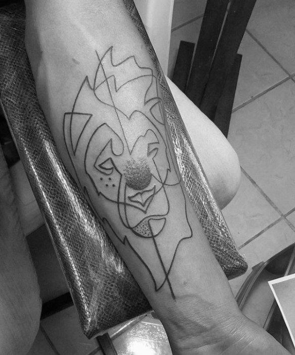 Minimalist Guys Black Ink Outline Lion Forearm Tattoos