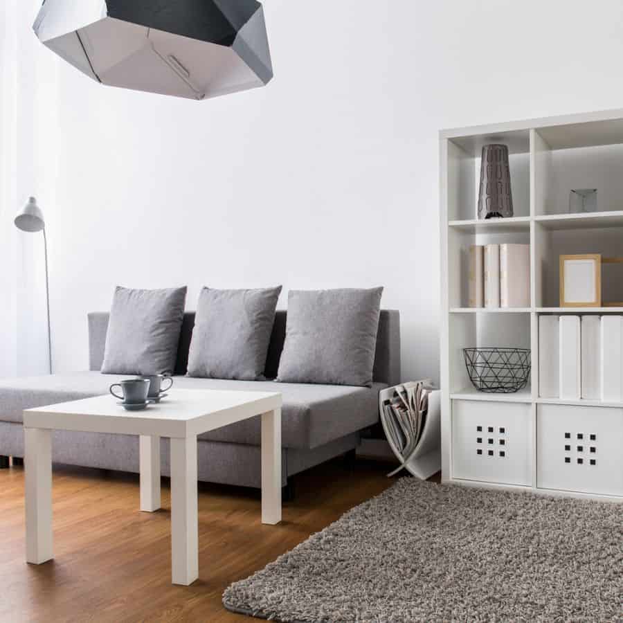 gray sofa and white storage cabinet in small living room