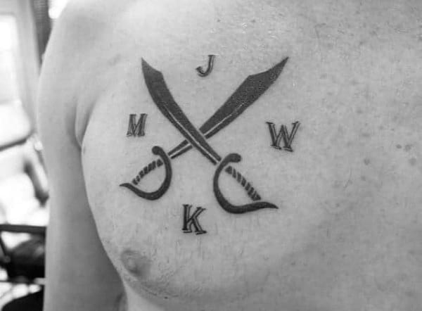 Minimalistic Guys Crossed Sword Chest Tattoos