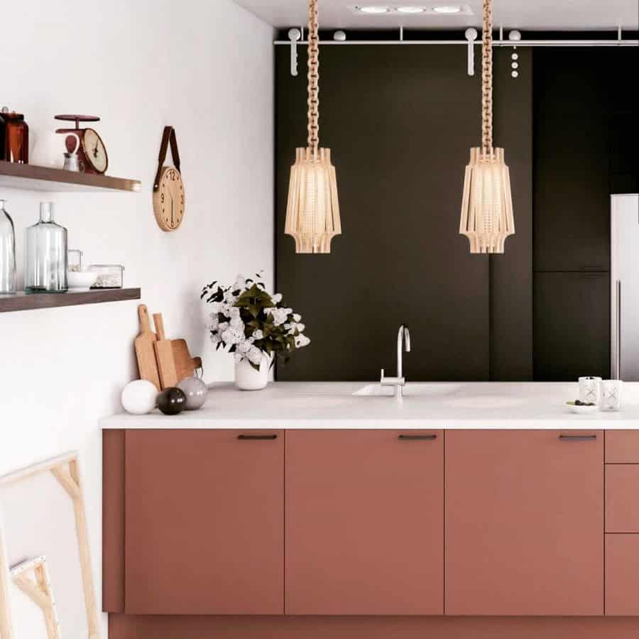 modern kitchen black white and pink colors pendant lights