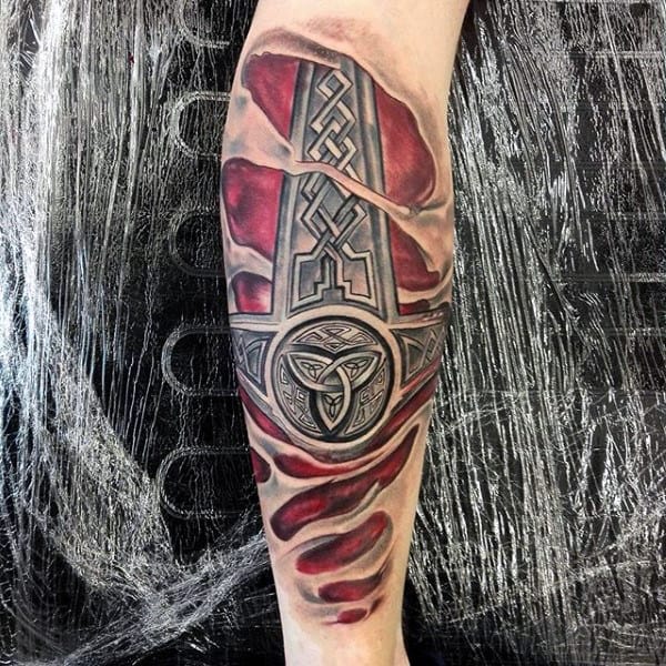 Mjolnir Guys Norse Mythology Ripped Skin 3d Leg Tattoo Designs