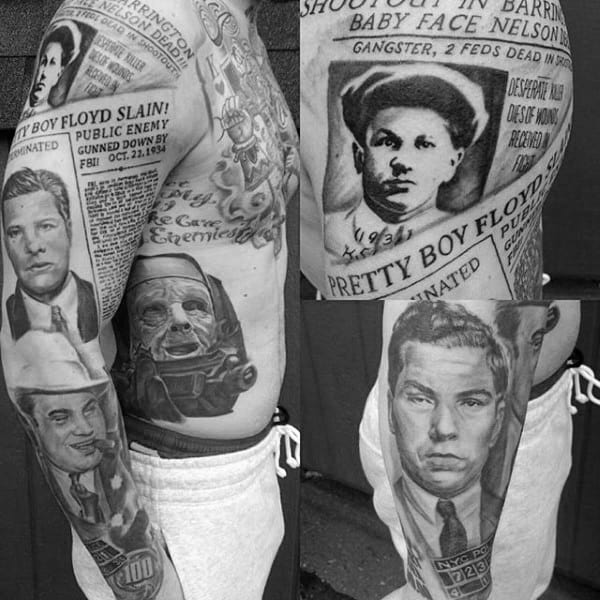 Mobster And Gangster Newspaper Mens Full Sleeve Tattoos
