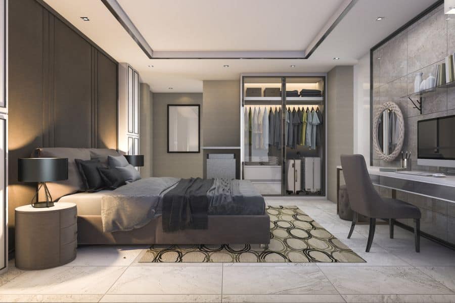 modern bedroom large closet marble floors