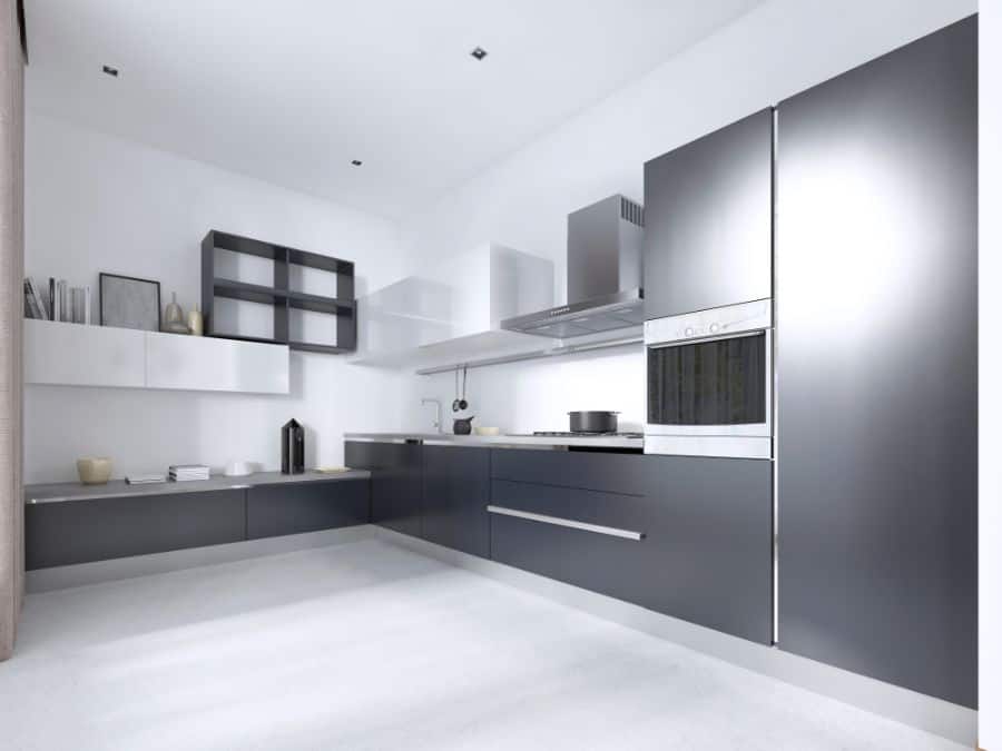 large minimalist gray kitchen 