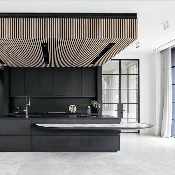 luxurious modern black kitchen curved breakfast bar wood panel ceiling 