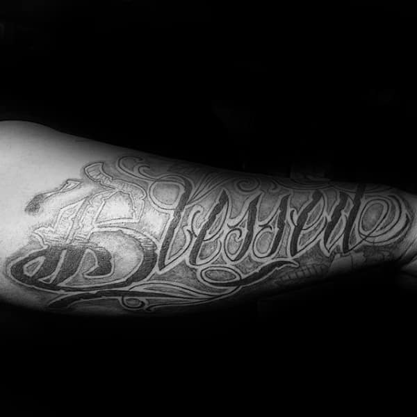 Modern Blessed Lettering Guys Arm Tattoos