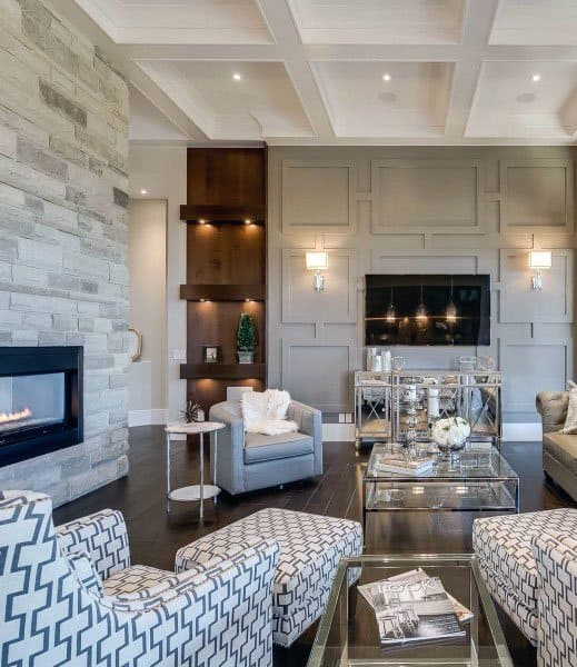 contemporary living room stone fireplace  grey sofa pattern blue and white lounge 