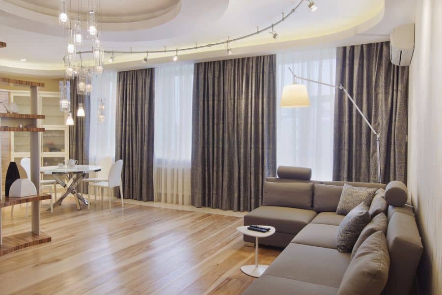 modern living room vinyl flooring gray curtains sofa
