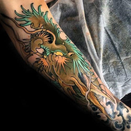 Modern Dragon Guys Outer Forearm Tattoo Inspiration