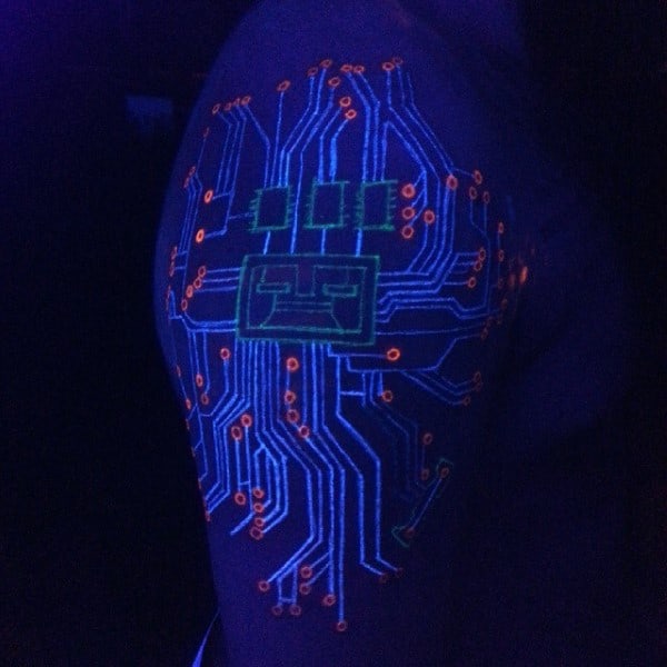 Modern Electronic Circuit Board Chip Glow In The Dark Upper Shoulder Tattoo On Man