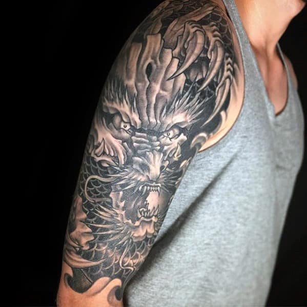 modern-guys-shaded-black-and-grey-dragon-half-sleeve-tattoos
